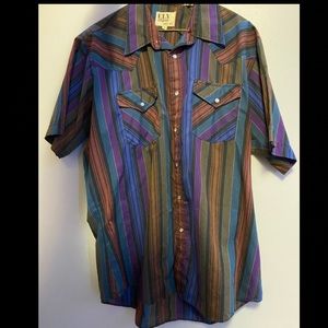 Blue, Purple, and Brown Button Down Striped Shirt